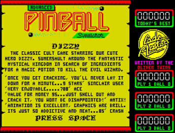 Реклама первого Dizzy в Advanced Pinball Simulator